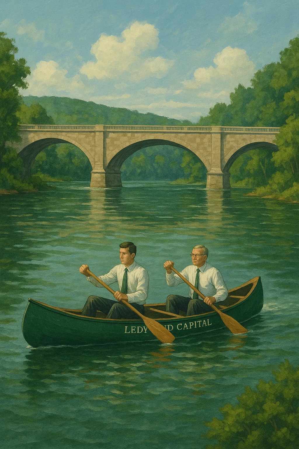 Ledyard Capital founders rowing on Connecticut River with stone bridge and lush New Hampshire forests